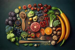 Healthy eating ingredients fresh vegetables, fruits and superfood. Nutrition, diet, vegan food concept. illustration photo