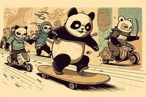 panda riding a skateboard, being chased by a group of ninja cats illustration photo