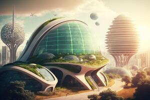 futurista verde ciudad. un sostenible y ambientalmente simpático urbano ambiente, con verde techos, solar paneles, y eléctrico vehículos ilustración generativo ai foto