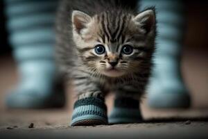 A kittens between human legs looking at you illustration photo