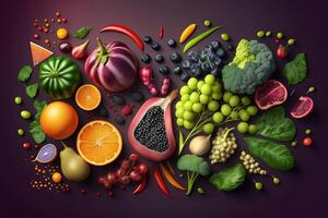 Healthy eating ingredients fresh vegetables, fruits and superfood. Nutrition, diet, vegan food concept. illustration photo