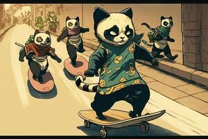 panda riding a skateboard, being chased by a group of ninja cats illustration photo
