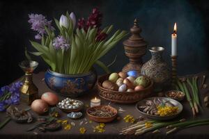 Tabletop with Haft elements for Nowruz sonbol hyacinth, sabzeh grass, seeb apple, somaq sumac powder, seer garlic illustration photo