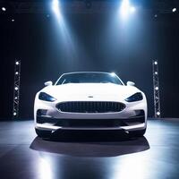 View of a generic and brand less modern car on the presentation stage background photo