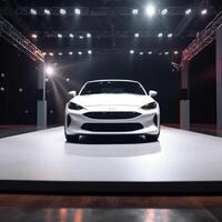 View of a generic and brand less modern car on the presentation stage background photo