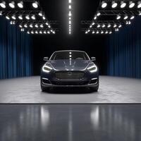 View of a generic and brand less modern car on the presentation stage background photo