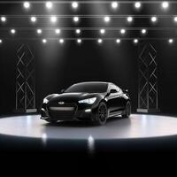 View of a generic and brand less modern car on the presentation stage background photo