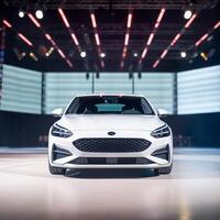 View of a generic and brand less modern car on the presentation stage background photo