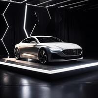 View of a generic and brand less modern car on the presentation stage background photo