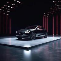 View of a generic and brand less modern car on the presentation stage background photo