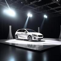 View of a generic and brand less modern car on the presentation stage background photo