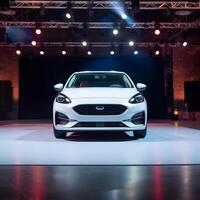 View of a generic and brand less modern car on the presentation stage background photo