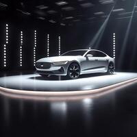 View of a generic and brand less modern car on the presentation stage background photo