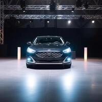 View of a generic and brand less modern car on the presentation stage background photo