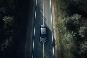 ai generativo aéreo ver de un coche en el la carretera foto