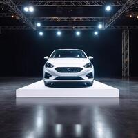 View of a generic and brand less modern car on the presentation stage background photo