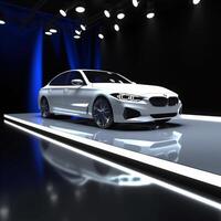 View of a generic and brand less modern car on the presentation stage background photo