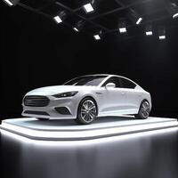 View of a generic and brand less modern car on the presentation stage background photo