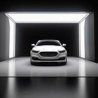 View of a generic and brand less modern car on the presentation stage background photo