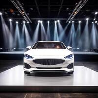 View of a generic and brand less modern car on the presentation stage background photo