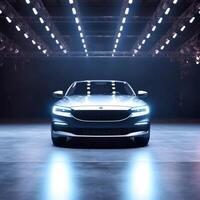 View of a generic and brand less modern car on the presentation stage background photo