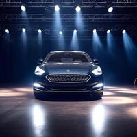 View of a generic and brand less modern car on the presentation stage background photo