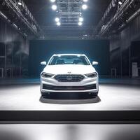 View of a generic and brand less modern car on the presentation stage background photo