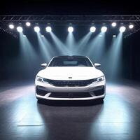 View of a generic and brand less modern car on the presentation stage background photo