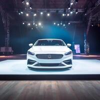 View of a generic and brand less modern car on the presentation stage background photo