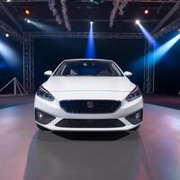 View of a generic and brand less modern car on the presentation stage background photo
