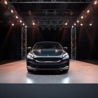 View of a generic and brand less modern car on the presentation stage background photo