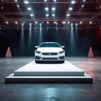 View of a generic and brand less modern car on the presentation stage background photo