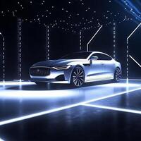 View of a generic and brand less modern car on the presentation stage background photo