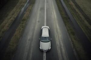 ai generativo aéreo ver de un coche en el la carretera foto