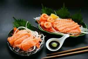 salmon sashimi food salmon fillet japanese menu with shiso perilla leaf lemon herb and spices, fresh raw salmon fish for cooking food seafood salmon fish with sauce and wasabi - top view photo