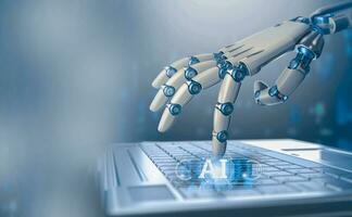 robot ai con mano robot en teclado ai tecnología digital gráfico diseño negro fondo, ai máquina aprendizaje manos de robot Ciencias y artificial inteligencia tecnología innovación y futurista foto