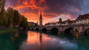 increíble vívido paisaje urbano escénico ver histórico antiguo pueblo de berna ciudad con vistoso cielo, ver en puente terminado aare río y Iglesia torre durante dramático puesta de sol. ai generativo foto