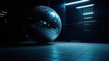 Large disco ball reflecting blue light in a dark hall for discos. Disco symbol. photo