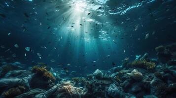 Bottle Plastic Pollution In Ocean - Underwater Shine With garbage Floating On Sea - Environmental Problem, photo