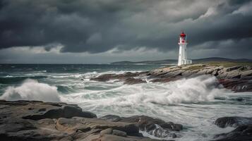 faro en Tormentoso paisaje, ai generativo foto