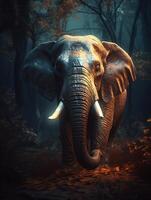 elefante en un oscuro ominoso bosque en noche, magia resplandor y brillar, generativo ai foto