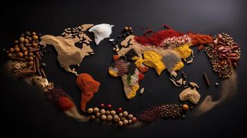 World map made of different spices on grey background, Top View, photo