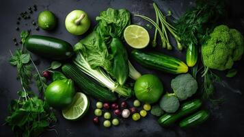 Raw healthy food clean eating vegetables, cucumber, alfalfa, zucchini, spinach, basil, green peas, dill, parsley, avocado, broccoli, lime on dark stone background, top view, photo