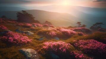 Breathtaking nature scenery during sunset. Scenic image of fairy-tale highland in sunlit. Incredible foggy morning in mountains with amazing pink rhododenndron flovers, photo