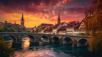 increíble vívido paisaje urbano escénico ver histórico antiguo pueblo de berna ciudad con vistoso cielo, ver en puente terminado aare río y Iglesia torre durante dramático puesta de sol. ai generativo foto