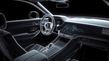 estructura metálica de moderno coche con Hola tecnología usuario interfaz detalles en oscuro ambiente, ai generativo foto