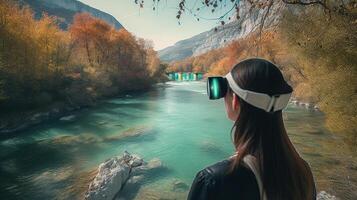 Woman viewing a beautiful natural panorama with river in VR, virtual travel concept, photo