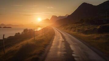 la carretera por el mar en amanecer tiempo, ai generativo foto