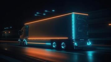Futuristic Technology Concept, Autonomous Semi Truck with Cargo Trailer Drives at Night on the Road with Sensors Scanning Surrounding. photo
