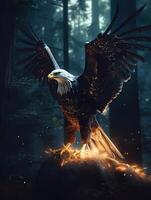 águila en un oscuro ominoso bosque, magia resplandor y brillar, ai generativo foto